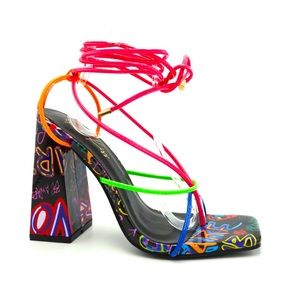 Rella Multi Graffiti Chunky Heel Open Toe Tie up